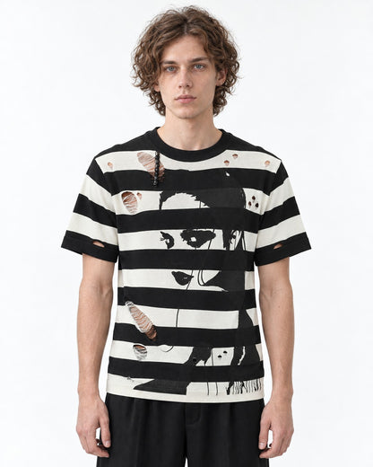 Torn Striped Portrait Print Knit Tee