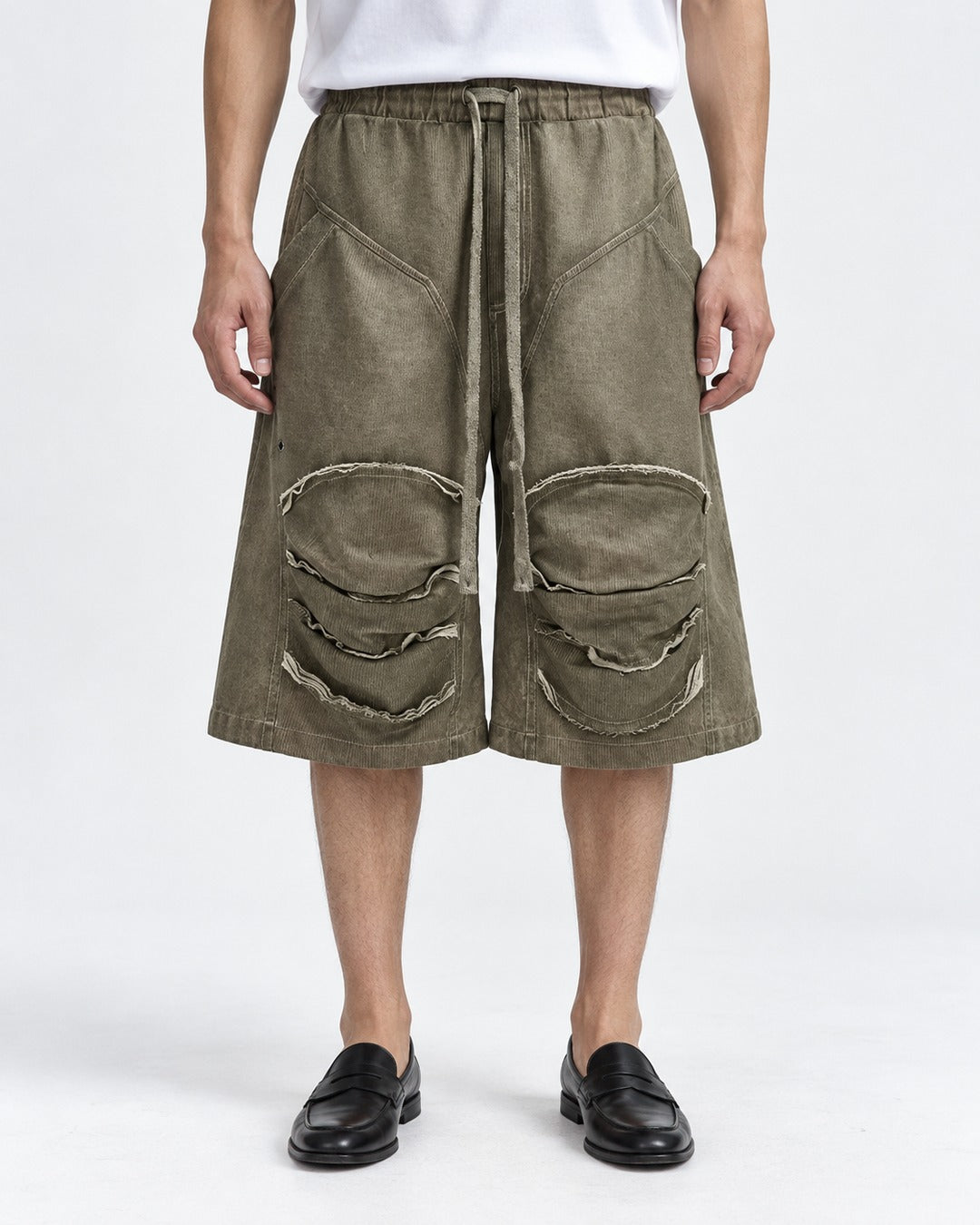 Raw Edge Knee Patch Drawstring Shorts