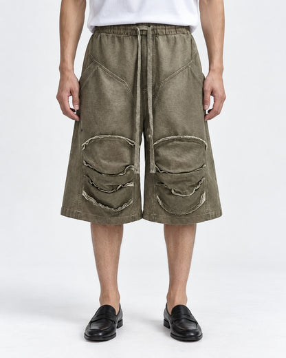Raw Edge Knee Patch Drawstring Shorts