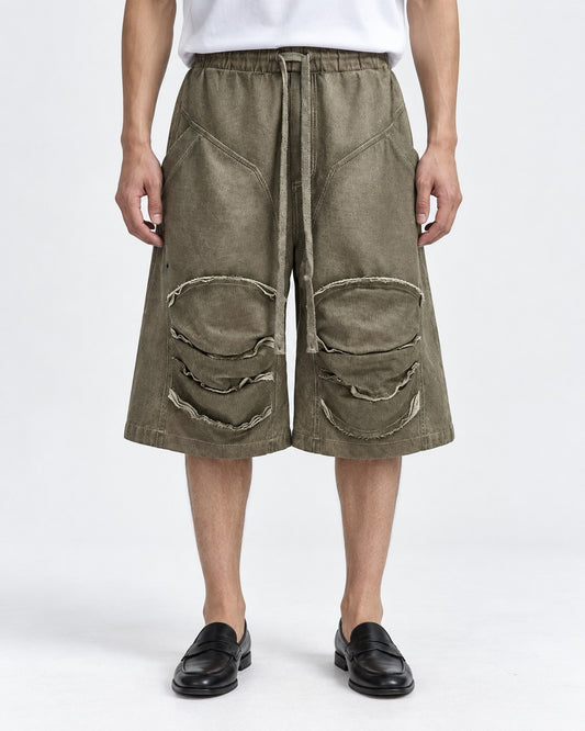 Raw Edge Knee Patch Drawstring Shorts
