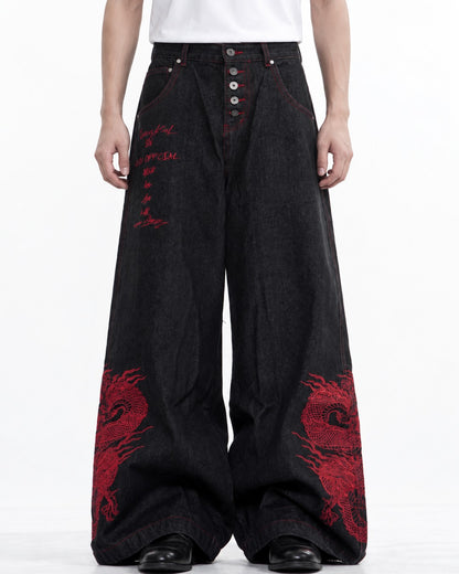 Red Dragon Embroidered Denim Pants