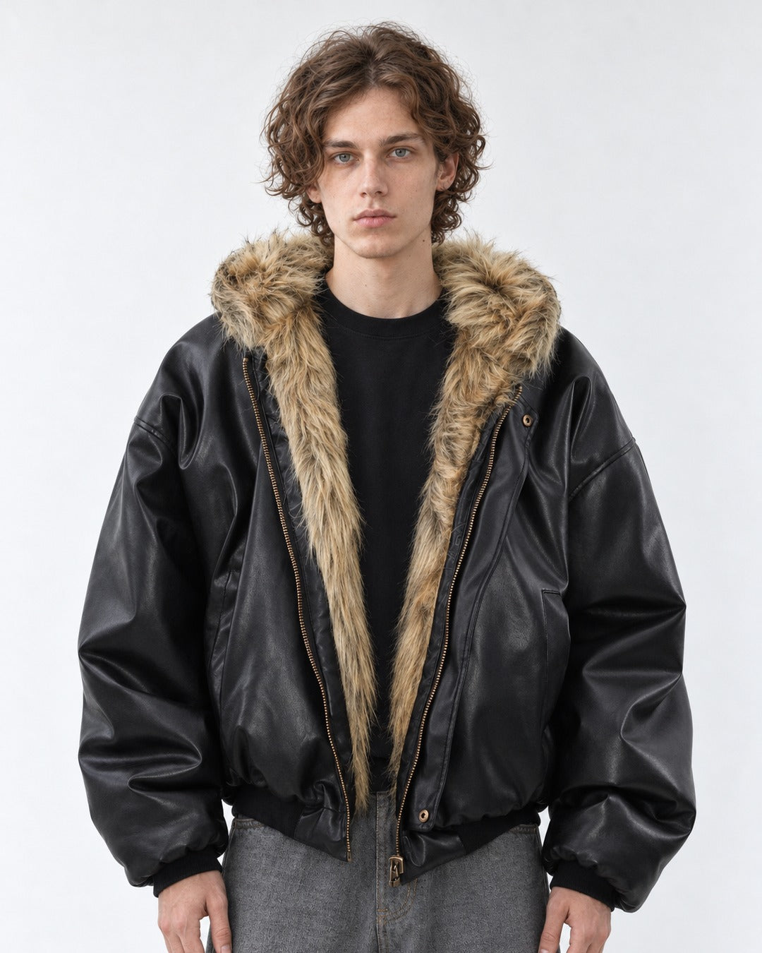 Faux-Fur Lined Hooded Leather Bomber