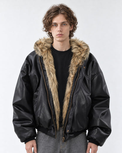 Faux-Fur Lined Hooded Leather Bomber