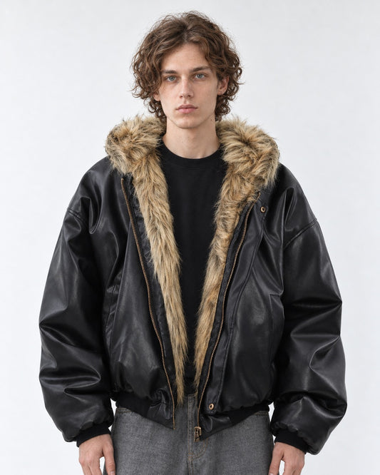 Faux-Fur Lined Hooded Leather Bomber