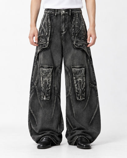 Eyelet Pocket Washed Black Cargo Jeans