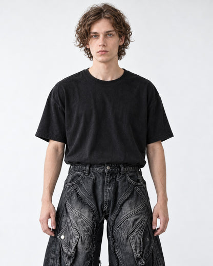 Raw-Edge Curved-Pocket Wide Denim