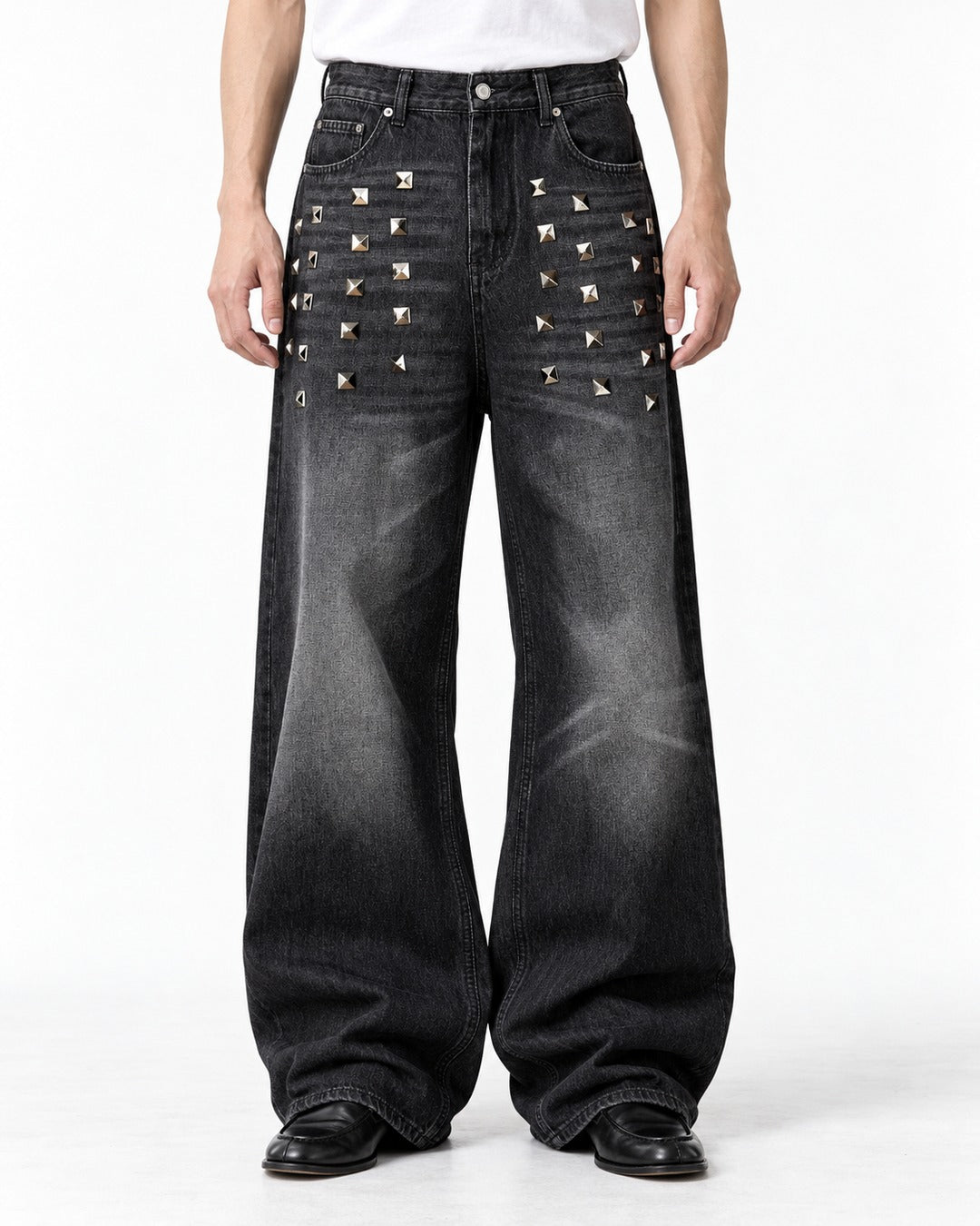 Studded Distressed Wide Jeans