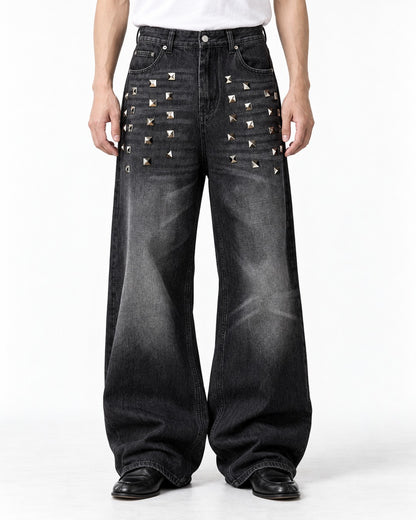 Studded Distressed Wide Jeans
