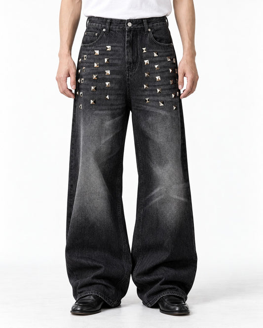 Studded Distressed Wide Jeans