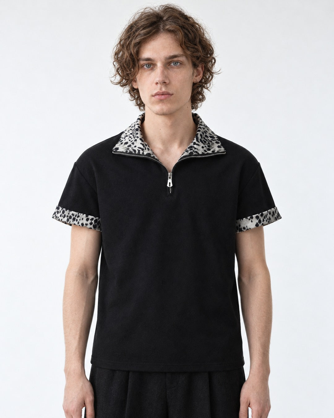 Spotted-Trim Half-Zip Polo