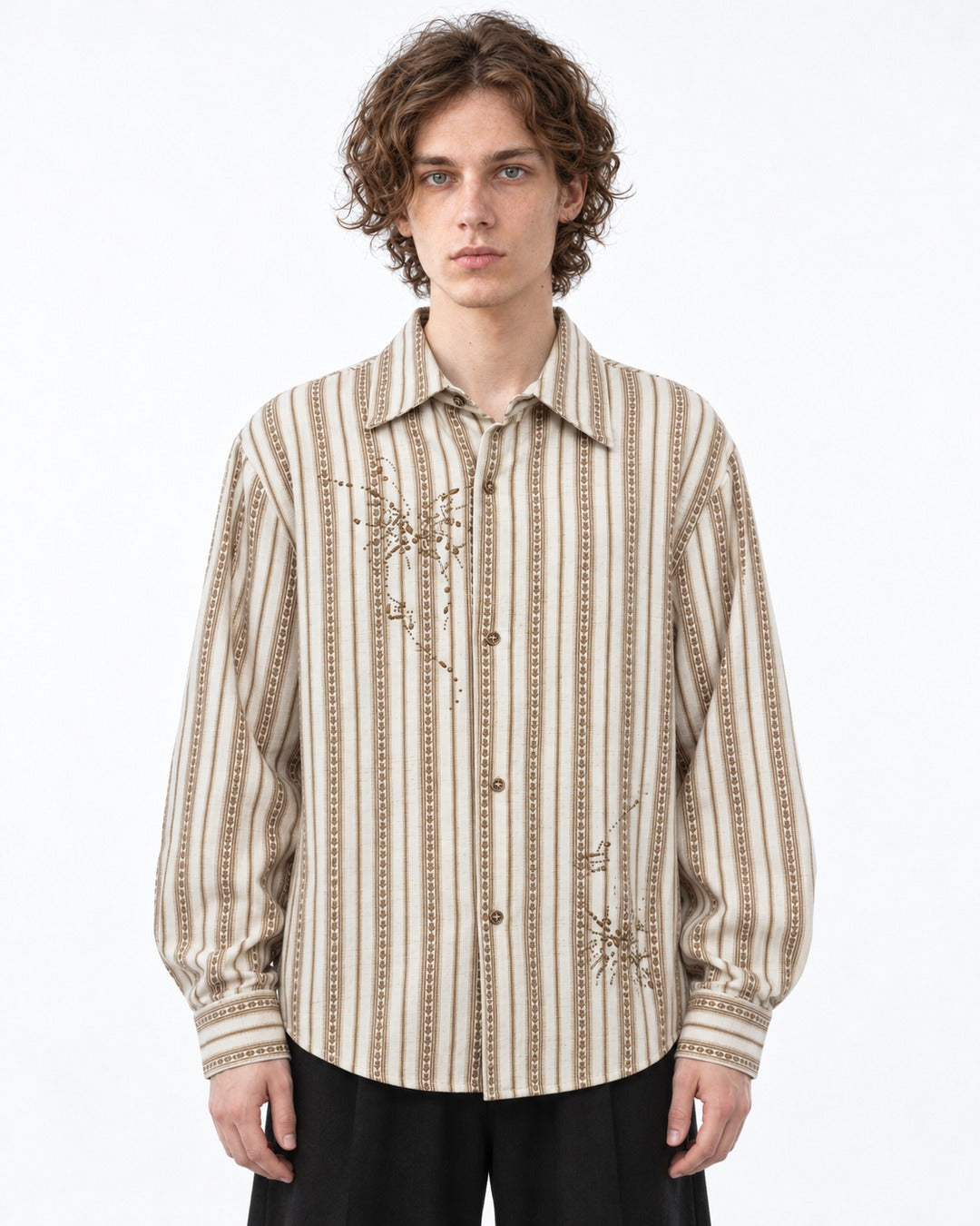 Embroidered Striped Button-Up Shirt