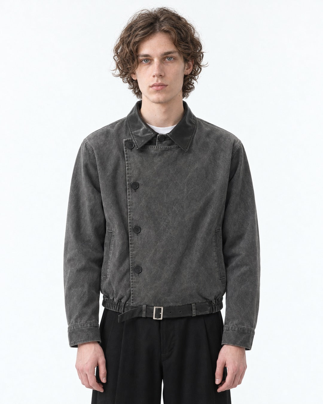 Diagonal Button Jacket with Contrast Collar