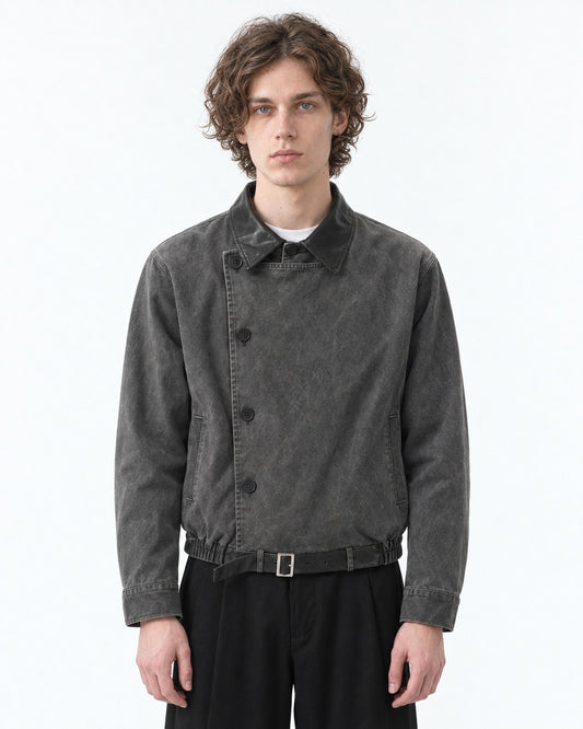 Diagonal Button Jacket with Contrast Collar