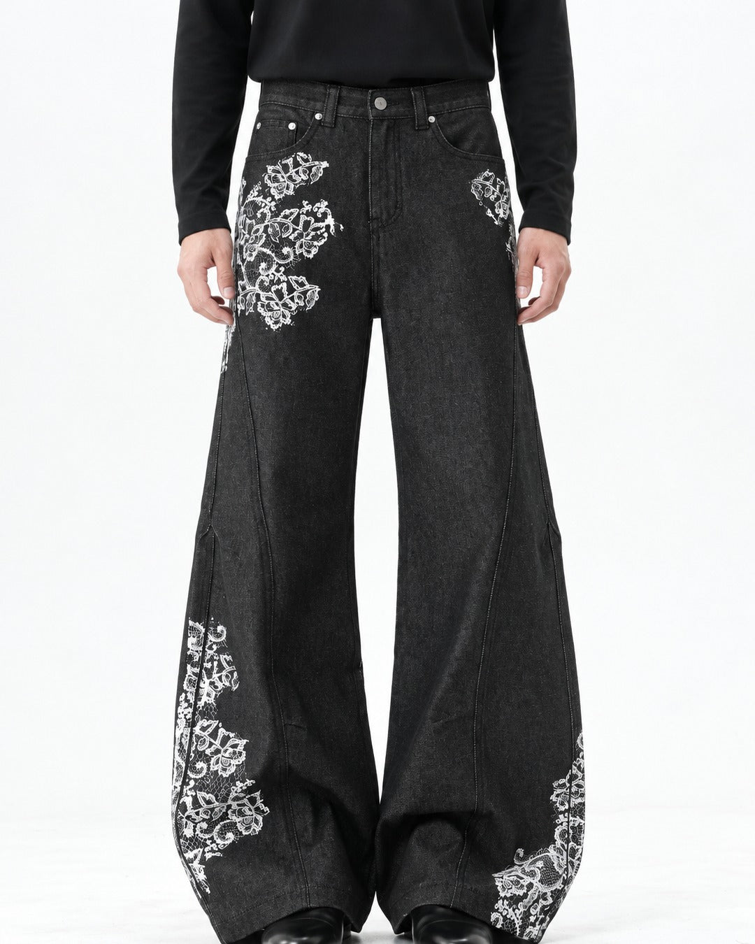 Lace-Print Black Wide-Leg Denim