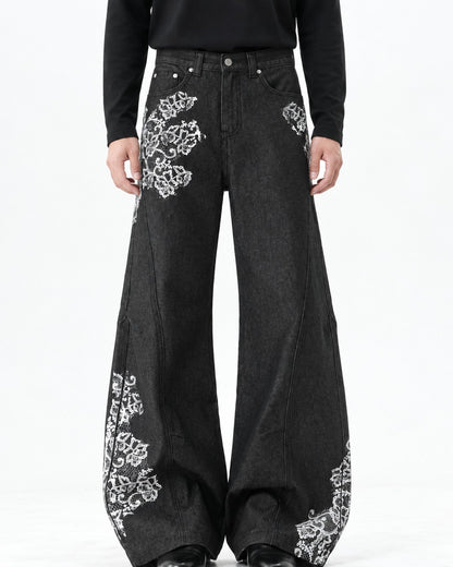 Lace-Print Black Wide-Leg Denim