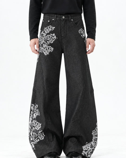 Lace-Print Black Wide-Leg Denim