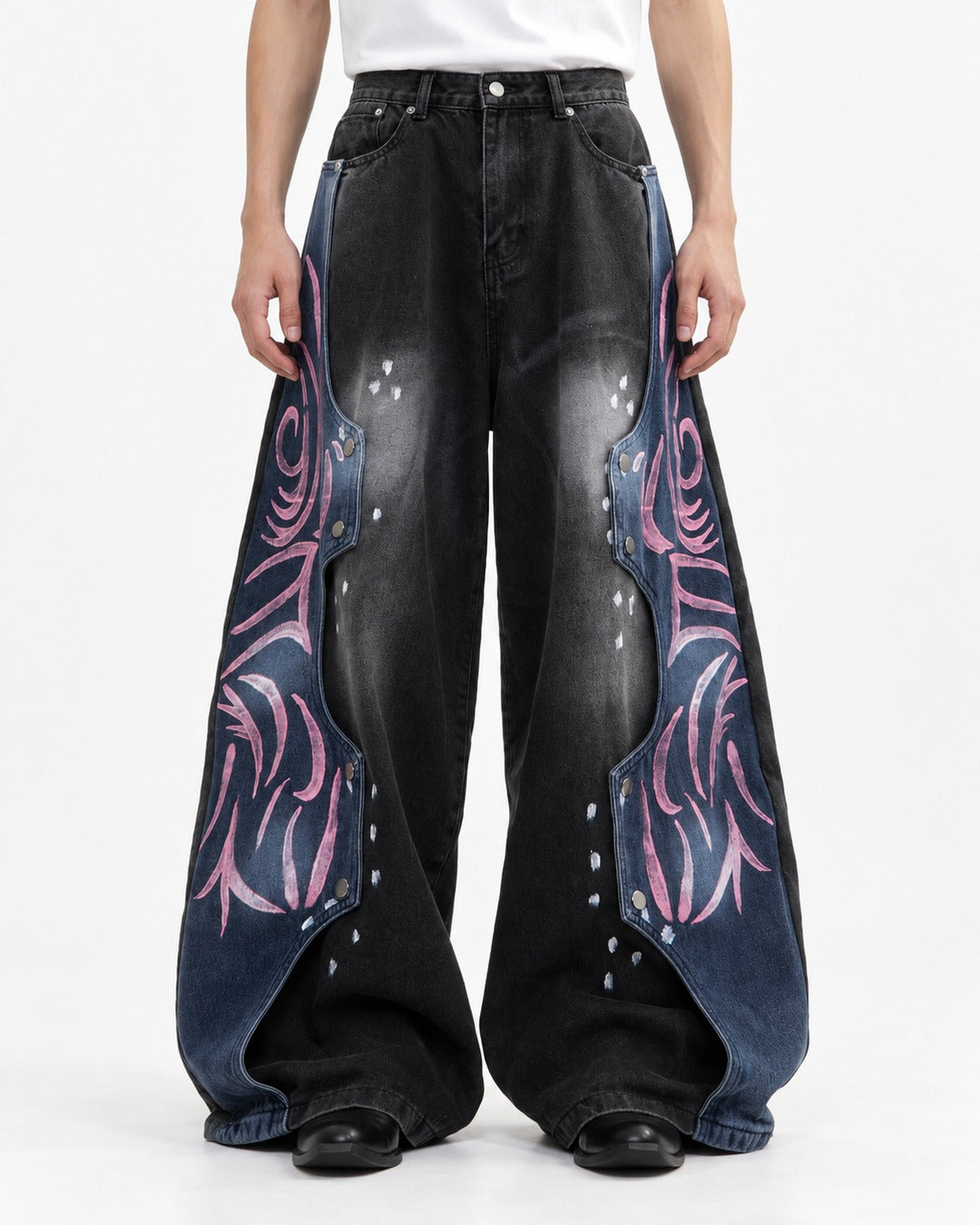 Pink Tribal Pattern Blue-Panel Black Wide-Leg Jeans