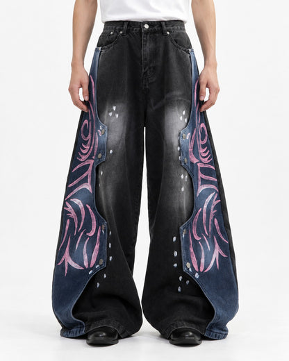 Pink Tribal Pattern Blue-Panel Black Wide-Leg Jeans