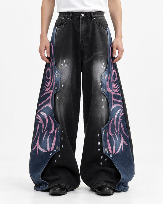 Pink Tribal Pattern Blue-Panel Black Wide-Leg Jeans