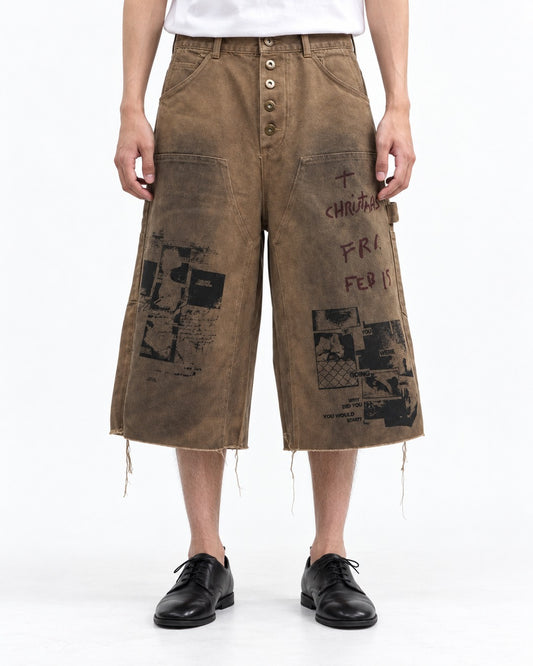 Distressed Graffiti Denim Shorts