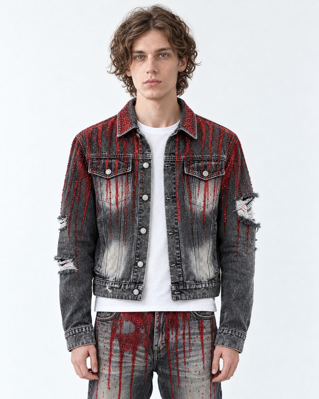Hand-Painted Blood Rhinestone Denim Jacket and Pants Set-Up