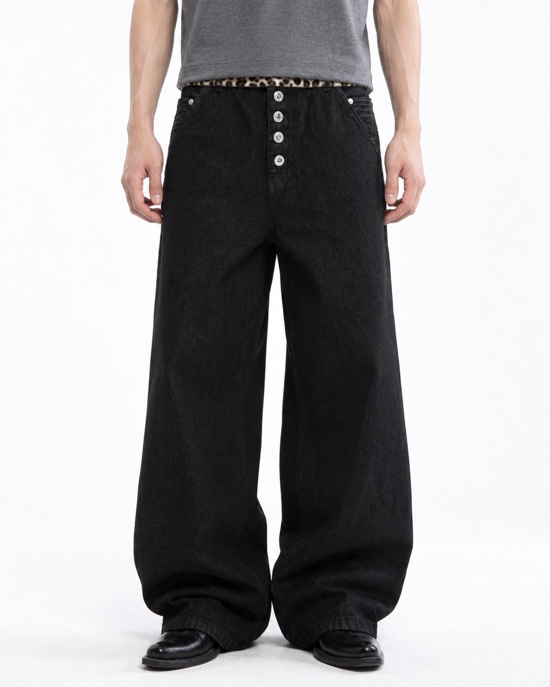 Leopard Waist Button Fly Wide Black Jeans