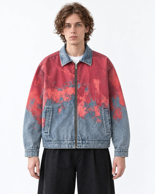 Red Gradient Washed Denim Zip Jacket