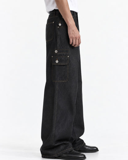 Contrast-Stitch Flap-Pocket Straight-Leg Jeans