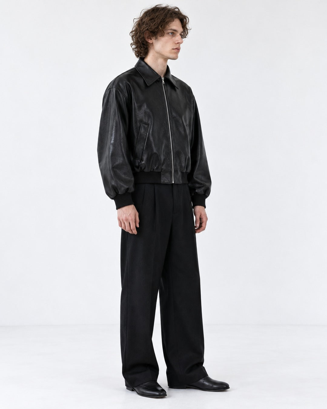 Boxy Shoulder-Pad Leather Bomber