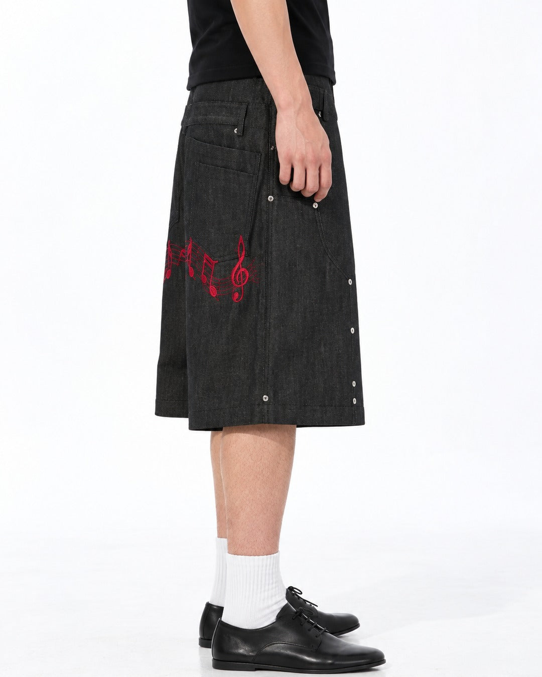 Music Note Embroidered Studded Denim Shorts