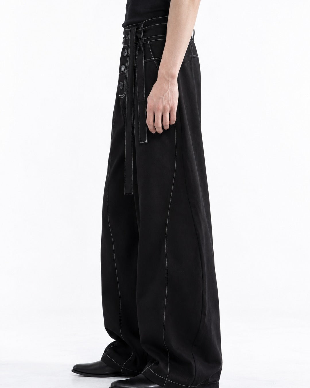 Contrast Stitch Wide-Leg Pants with Tie Belt