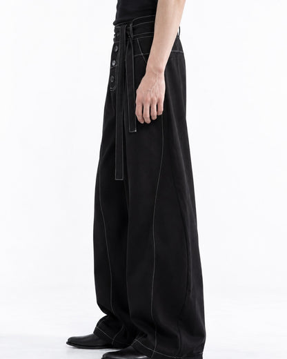Contrast Stitch Wide-Leg Pants with Tie Belt