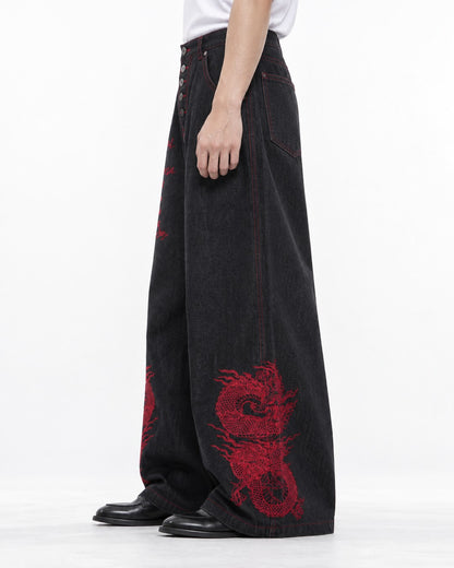 Red Dragon Embroidered Denim Pants