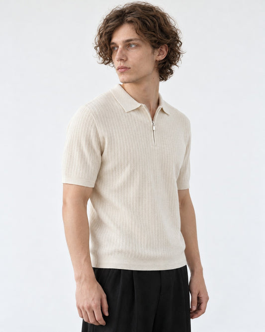 Ribbed Half-Zip Knit Polo