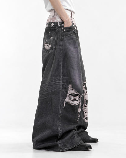 Star-Stud Double Waistband Shredded-Knee Jeans