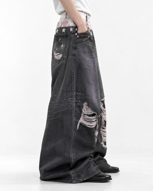 Star-Stud Double Waistband Shredded-Knee Jeans