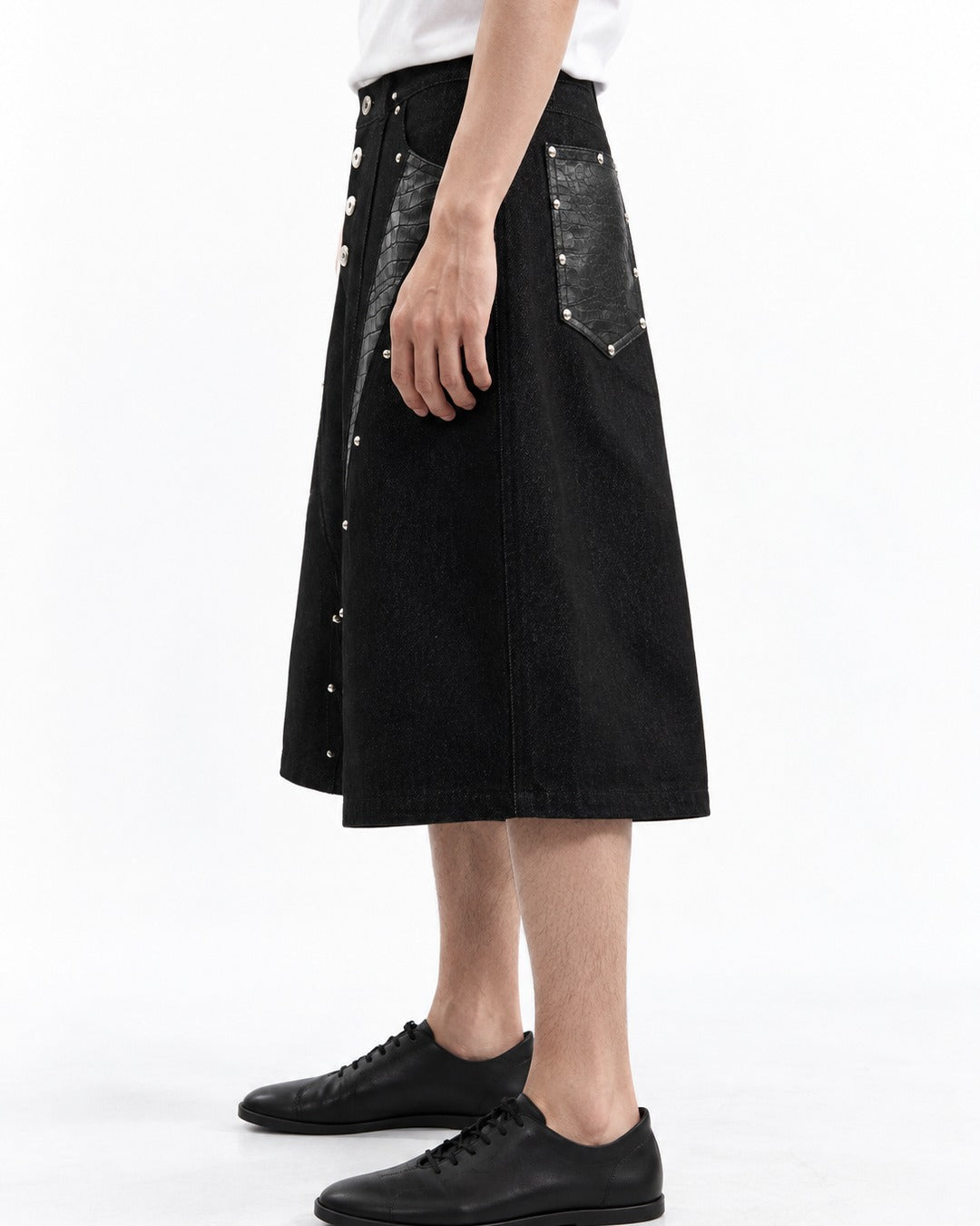 Studded Snap-Front Panel Denim Shorts
