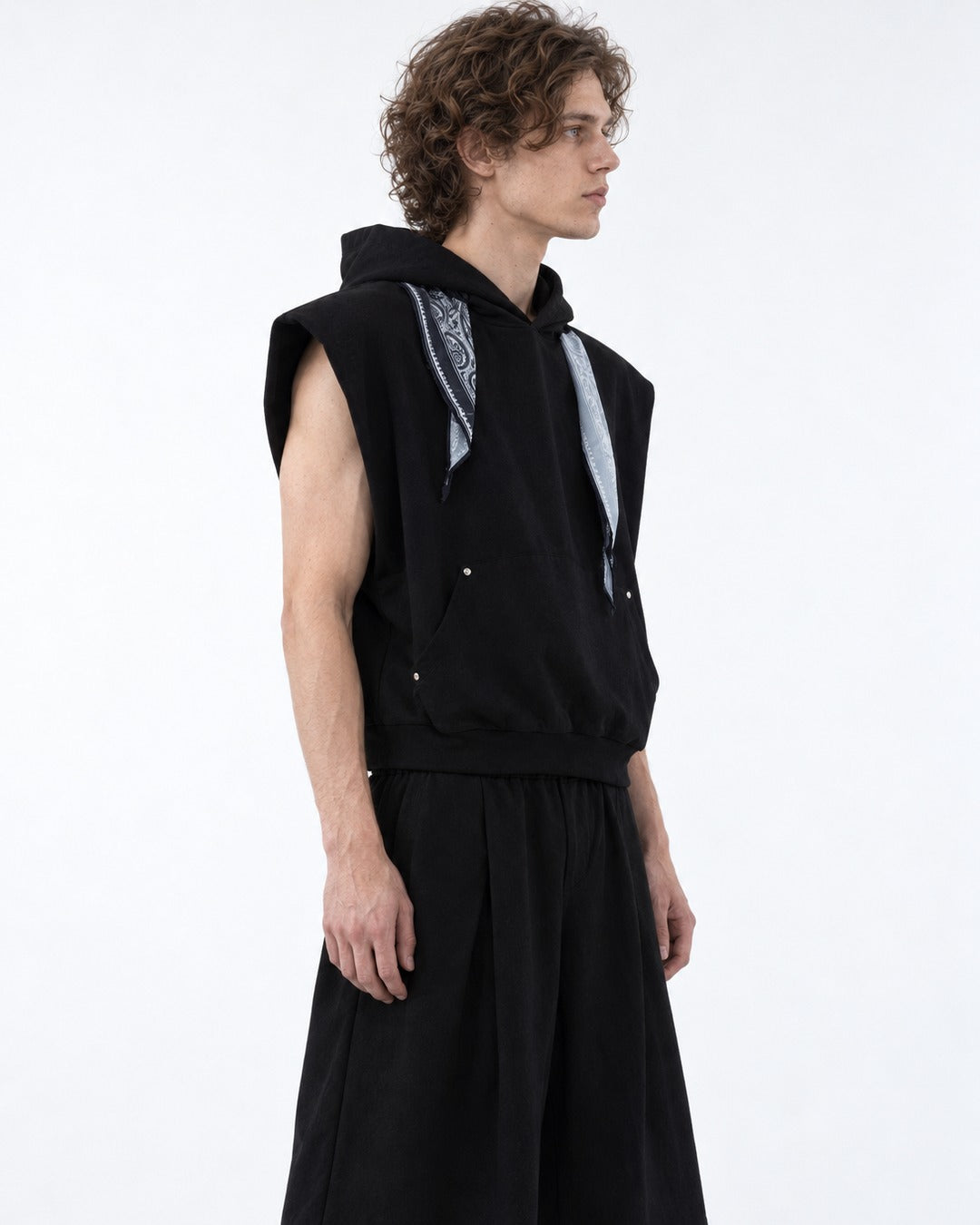 Bandana Hood Sleeveless Vest and Wide Shorts Set-Up