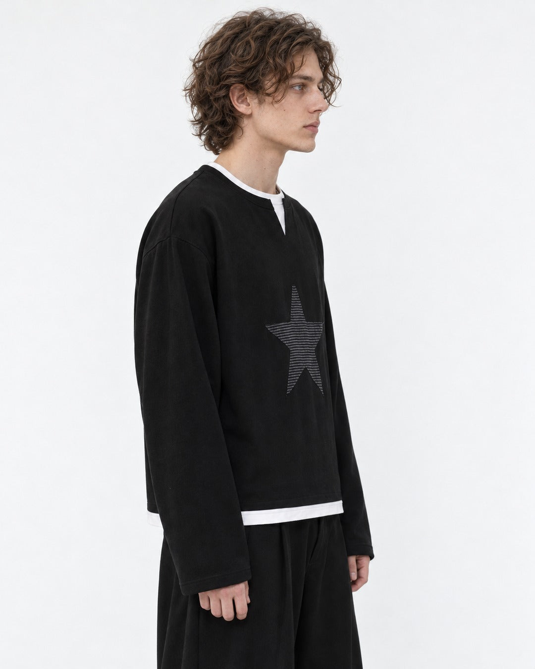 Star Patch Layered Notch Neck Sweatshirt