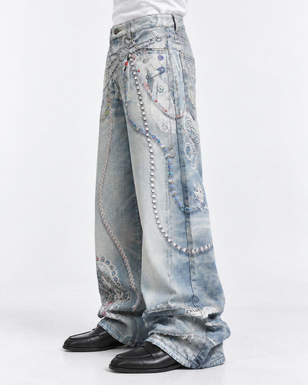 Pearl Chain Lace Print Baggy Jeans