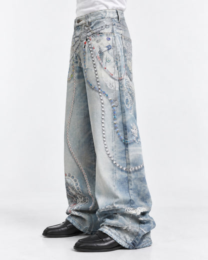 Pearl Chain Lace Print Baggy Jeans