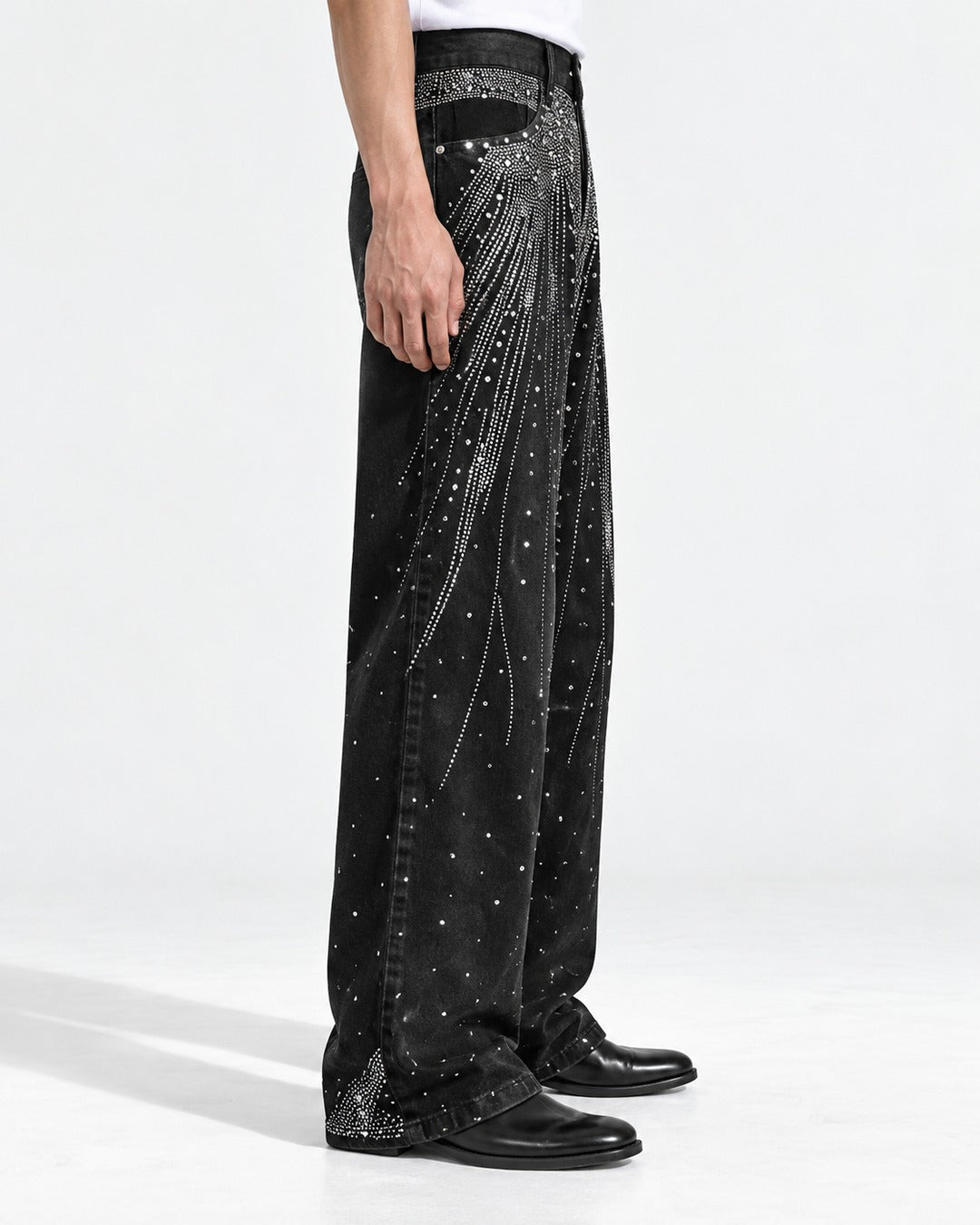 Rhinestone Burst Wide-Leg Black Jeans