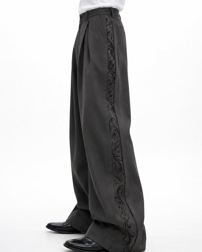 Pleated Wide-Leg Trousers with Side Embroidery