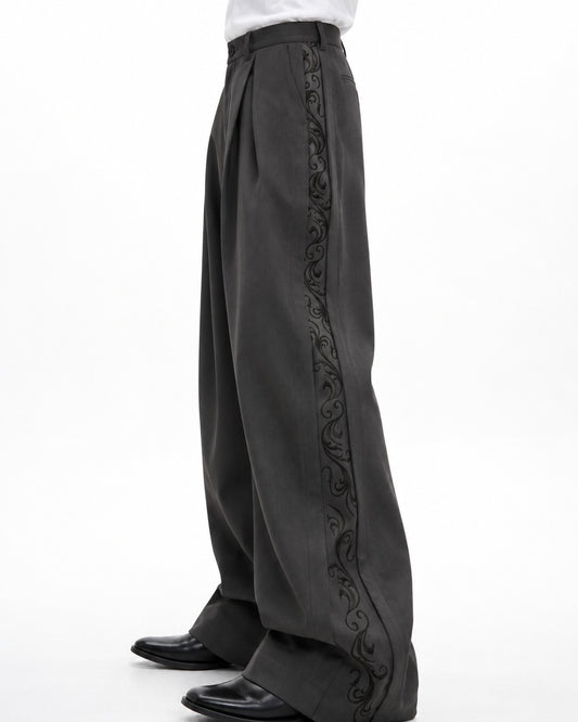 Pleated Wide-Leg Trousers with Side Embroidery