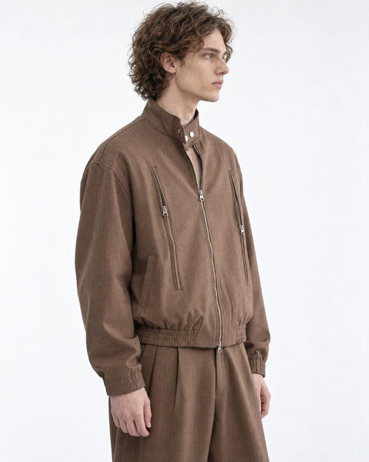Pinstripe Stand Collar Zip Jacket and Wide Pants Set