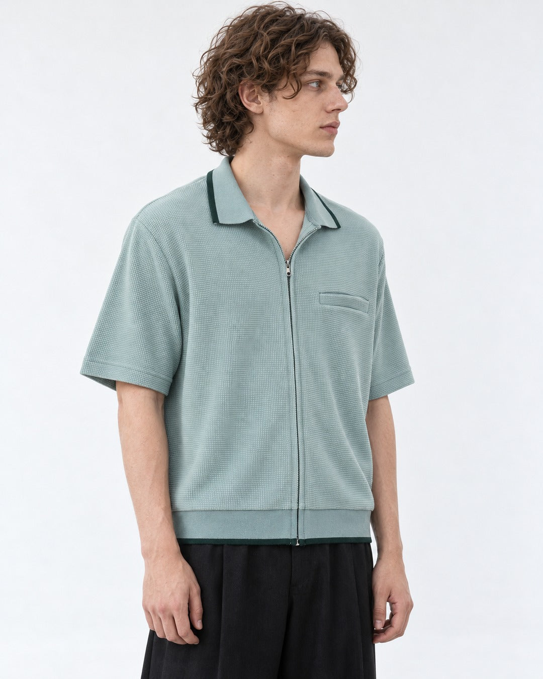 Waffle Knit Zip-Up Short Sleeve Shirt with Contrast Trim
