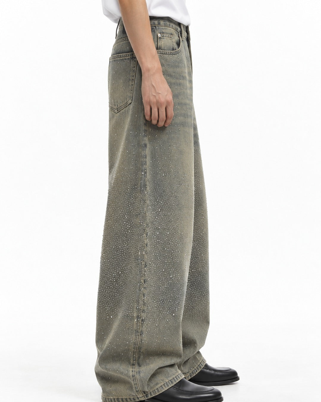 Rhinestone Faded Wide-Leg Jeans