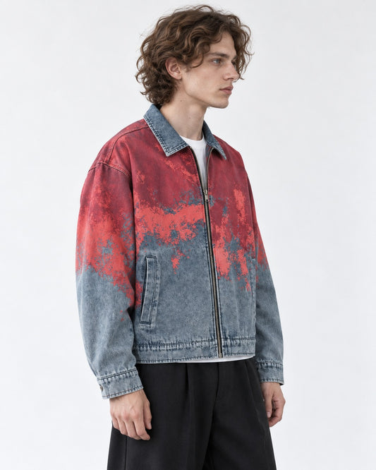 Red Gradient Washed Denim Zip Jacket