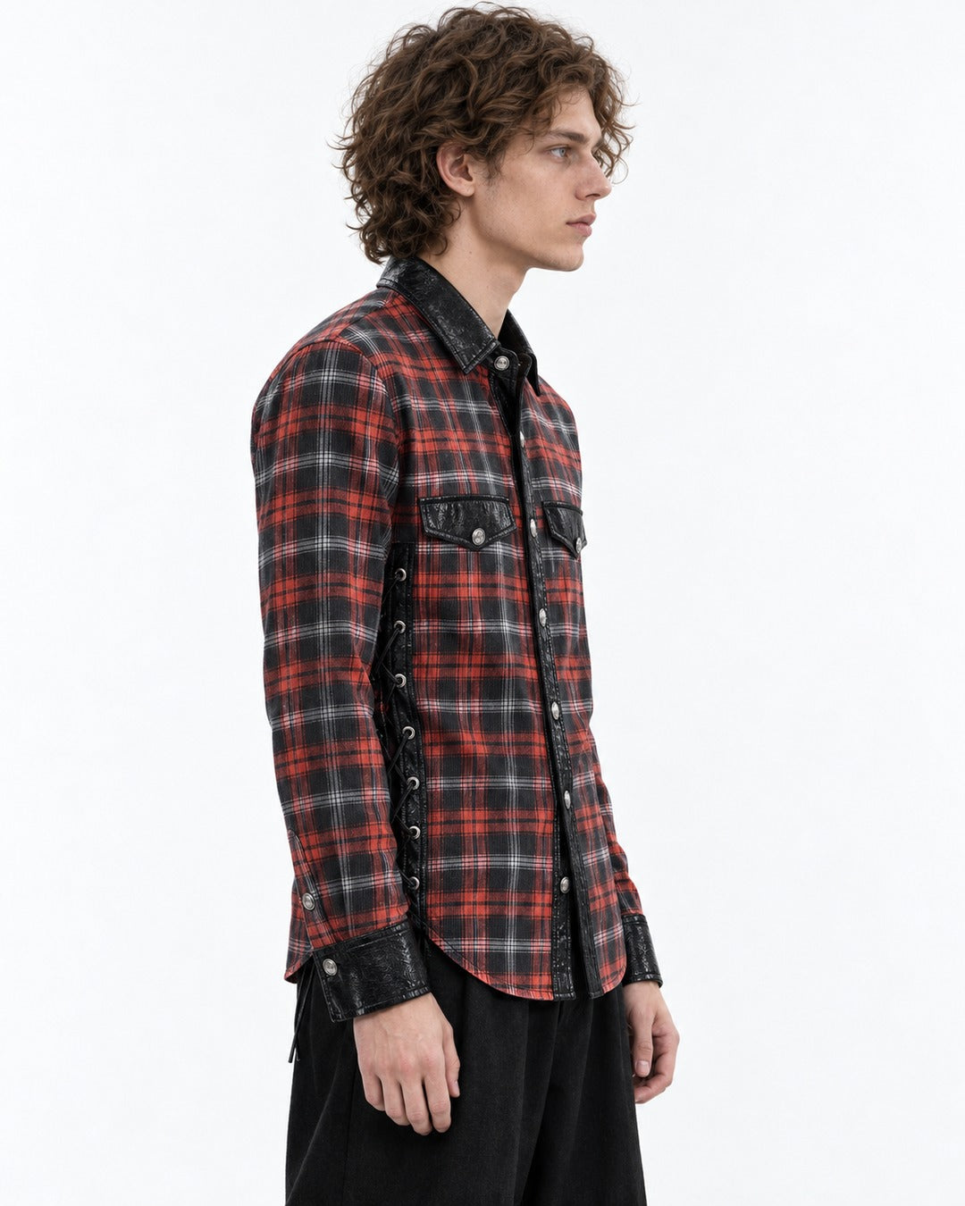 Red Plaid Shirt with Black Panels and Side Lacing