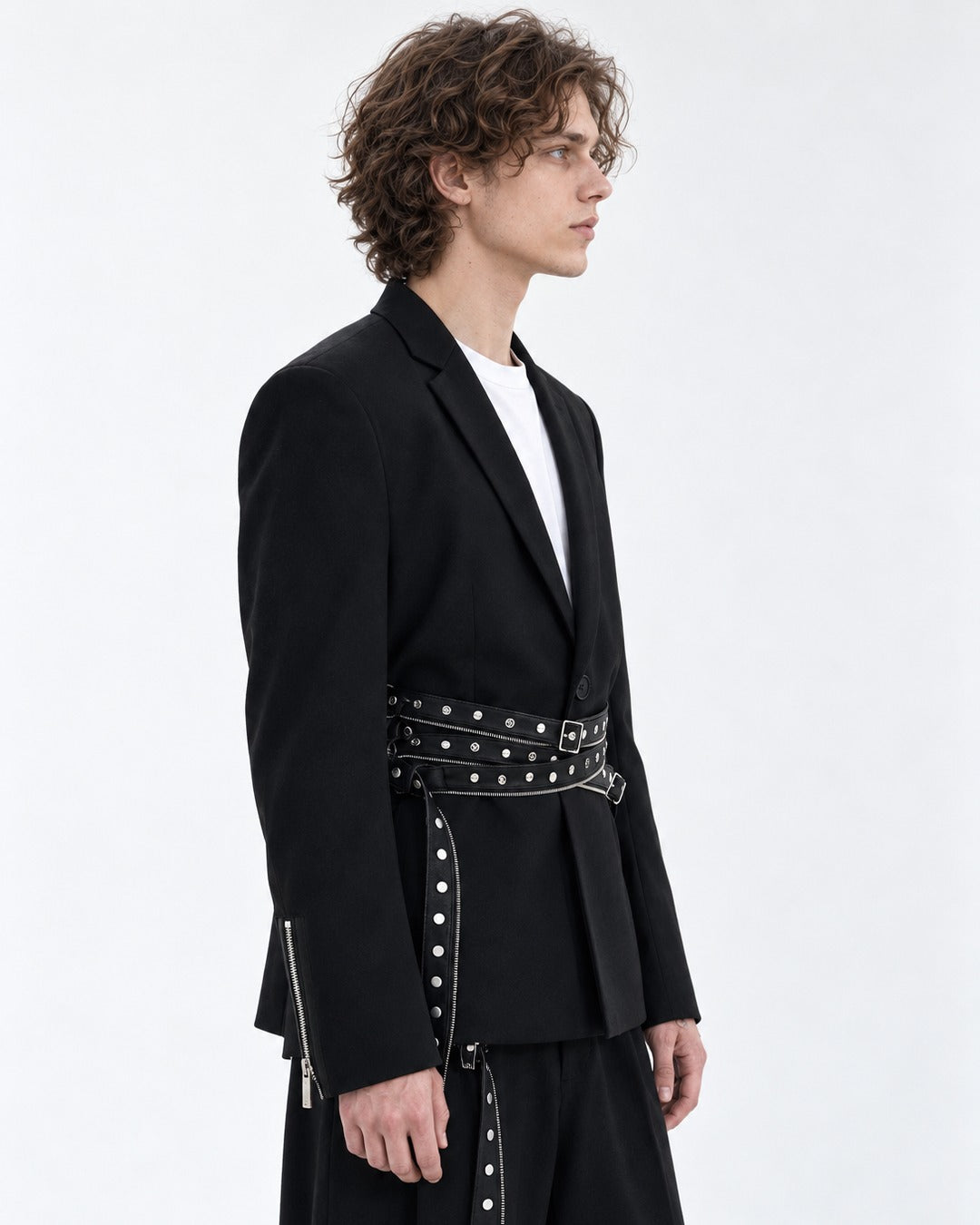 Black Rivet Strap Blazer Jacket and Pants Set-Up